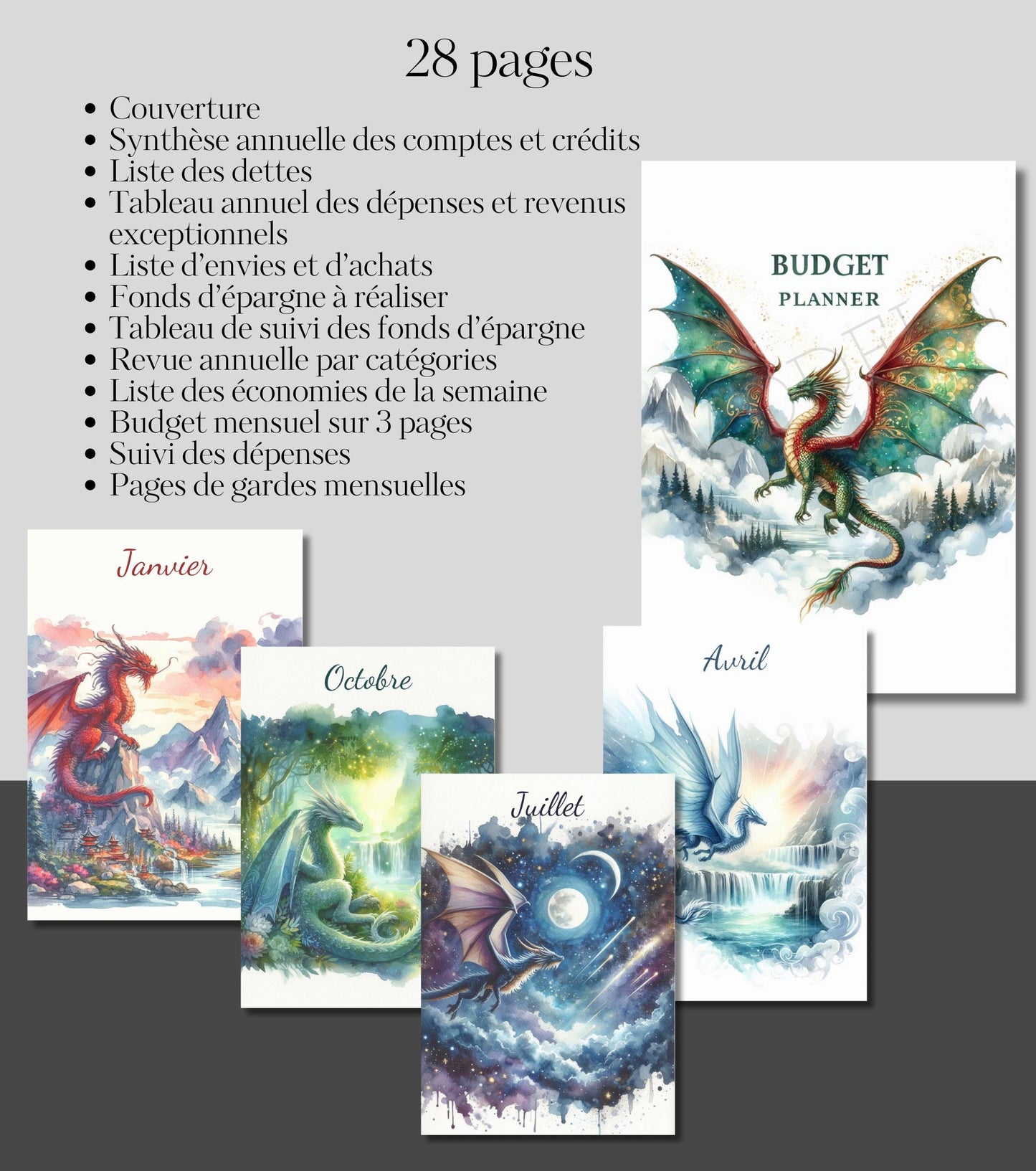 Budget Planner Dragon – PDF Imprimable A5 – 28 Pages, Suivi Annuel & Mensuel, Non Daté