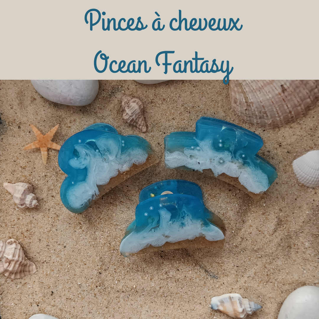 Pince à cheveux Ocean Fantasy en résine – Marbré bleu nacré, sable et perles