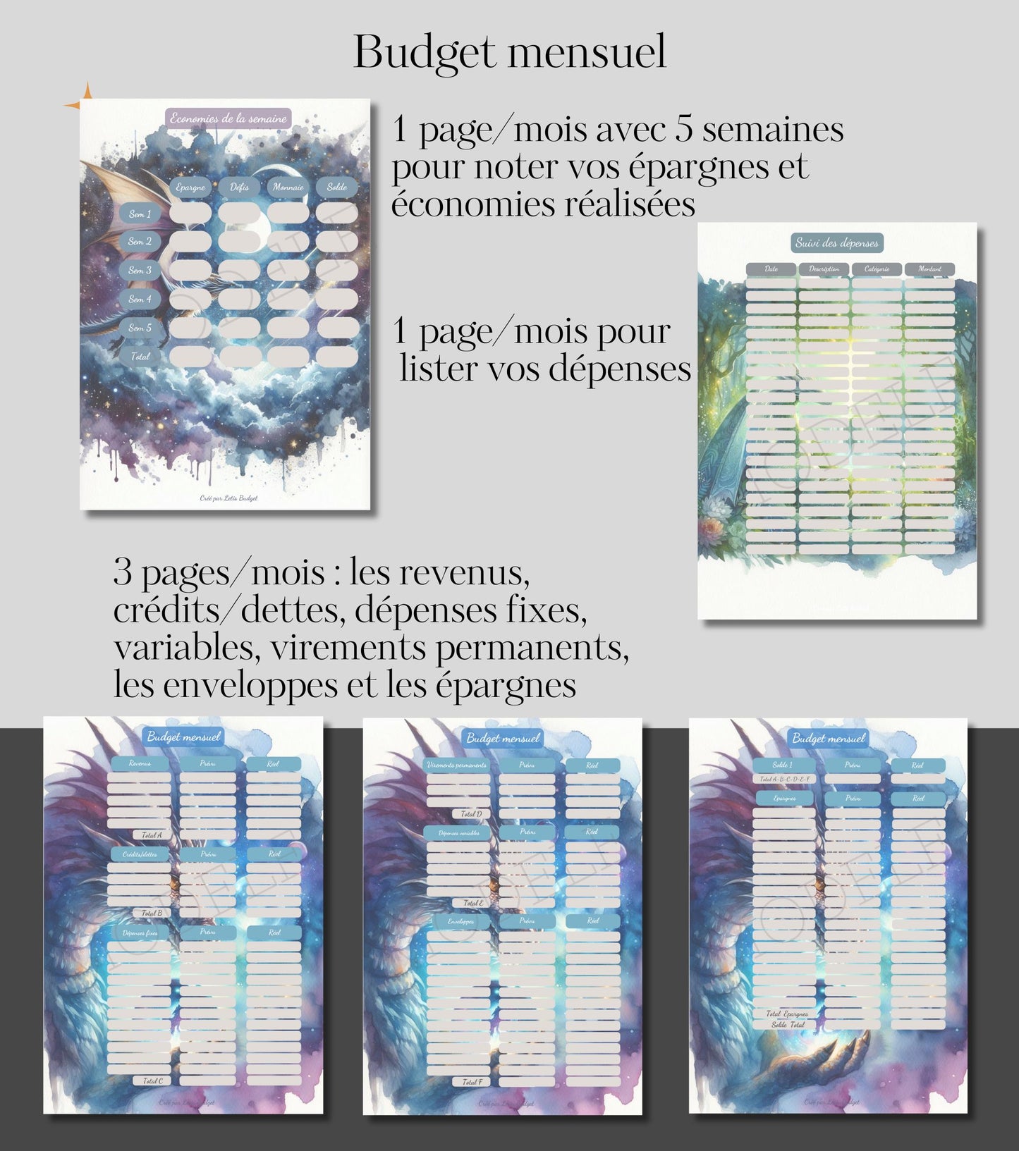 Budget Planner Dragon – PDF Imprimable A5 – 28 Pages, Suivi Annuel & Mensuel, Non Daté