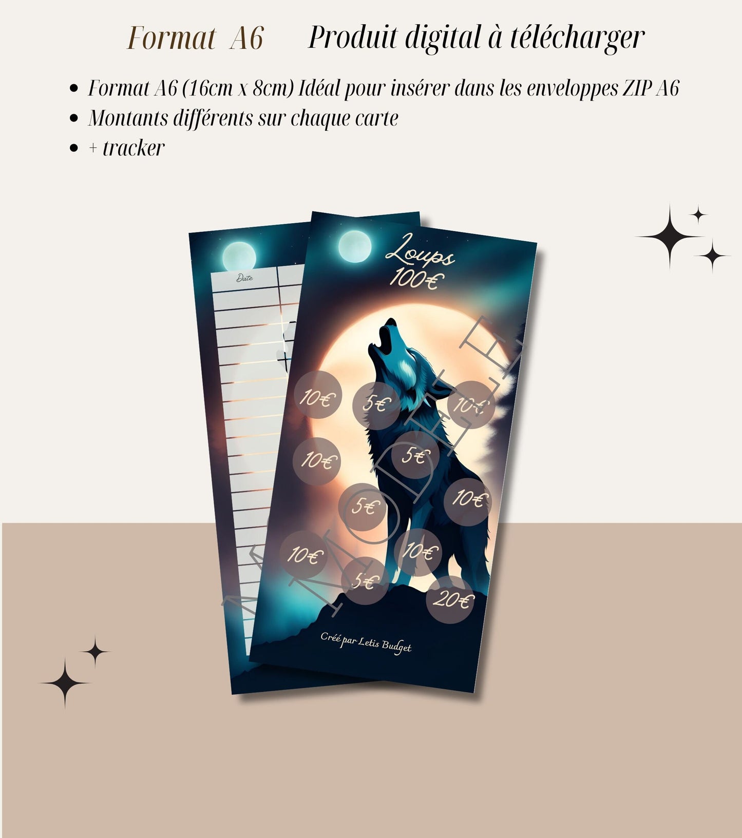 Lot de 5 Fiches de Défi Budget - Thème des Loups- Format A6 à imprimer