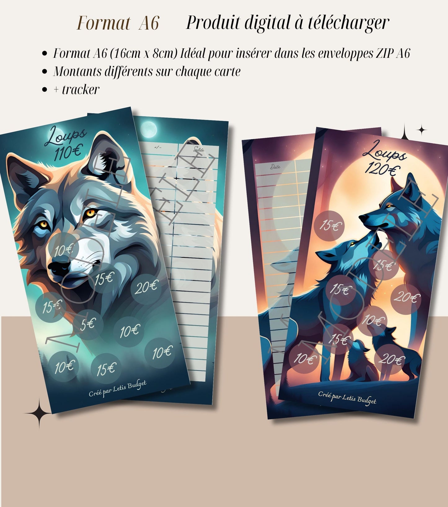 Lot de 5 Fiches de Défi Budget - Thème des Loups- Format A6 à imprimer