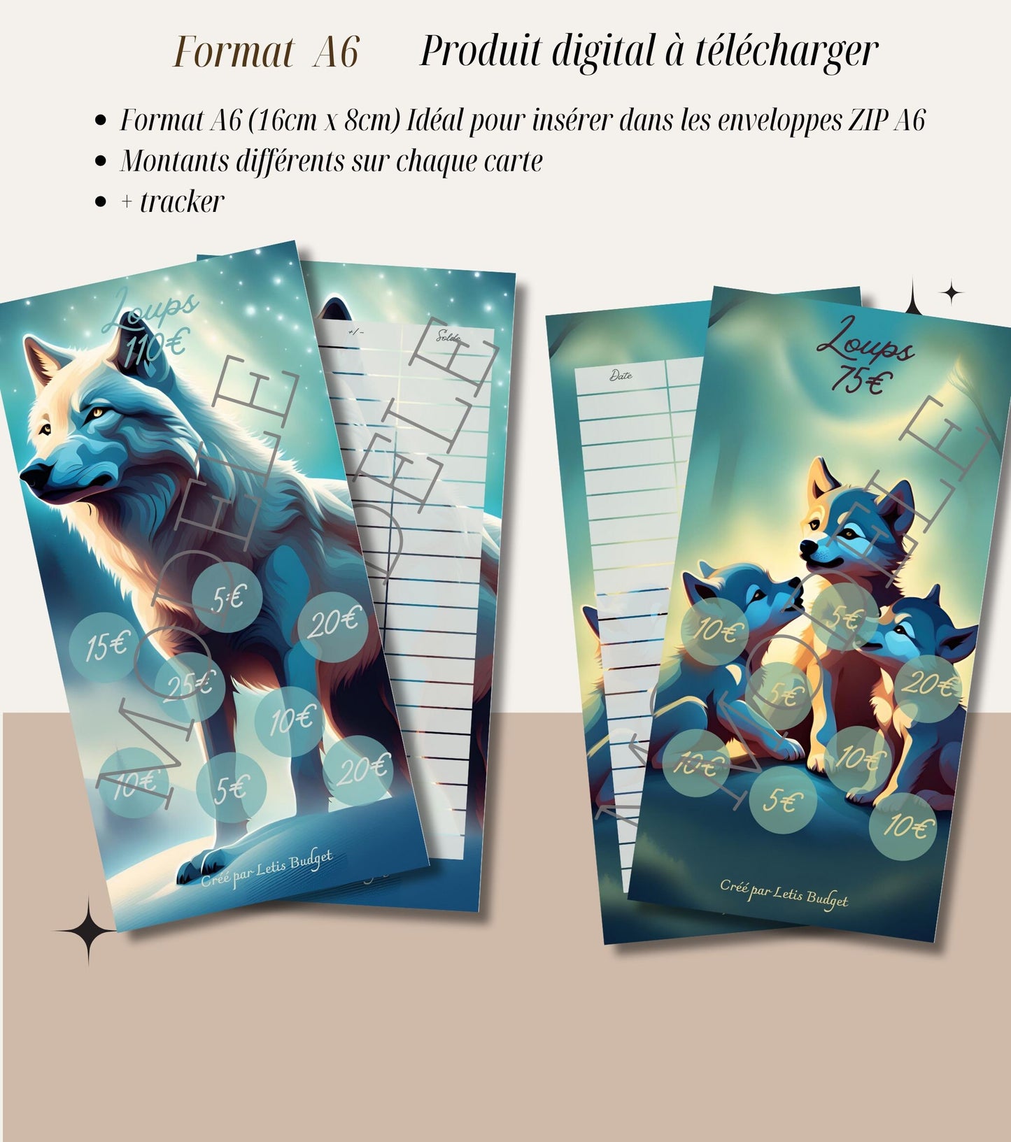 Lot de 5 Fiches de Défi Budget - Thème des Loups- Format A6 à imprimer