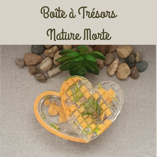 Boîte à trésors cœur en résine - Nature Morte automnale, tons jaunes et verts mousse