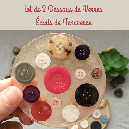 Lot de 2 dessous de verre en résine artisanale – Collection Éclats de Tendresse, fond mica champagne & boutons colorés