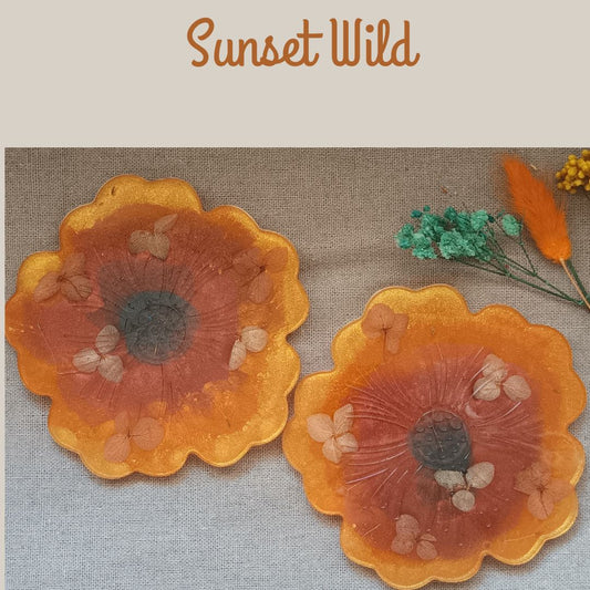 Lot de 2 Dessous de verre résine fleurs séchées – Ciel embrasé Sunset Wild – Déco naturelle été