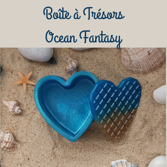 Boîte à trésors cœur en résine Ocean Fantasy – Bleu lagon, sable & effet écume