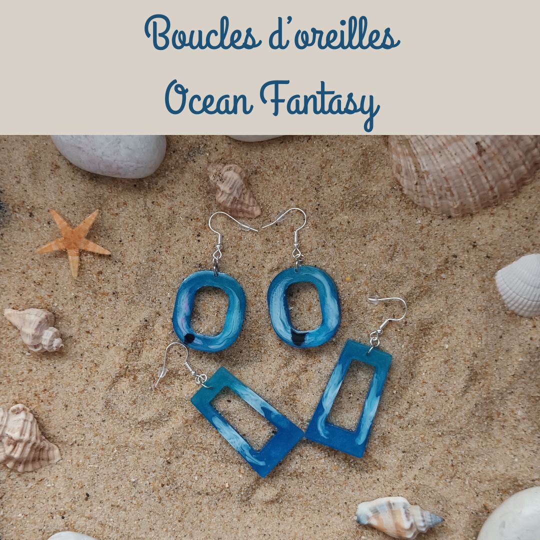 Boucles d’oreilles Ocean Fantasy – Résine bleu et blanc nacré