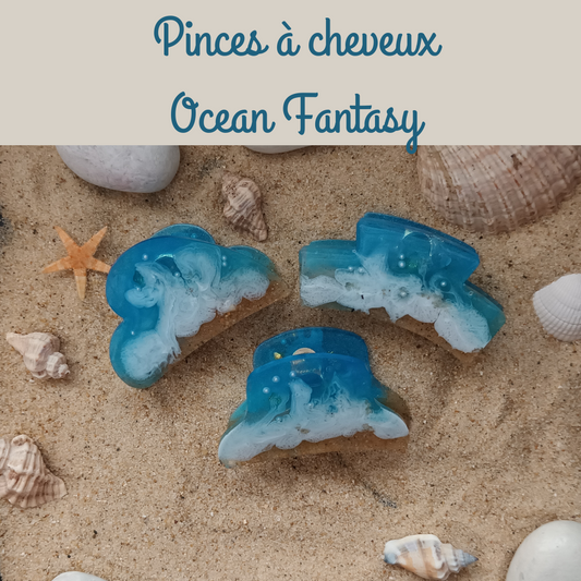 Pince à cheveux Ocean Fantasy en résine – Marbré bleu nacré, sable et perles