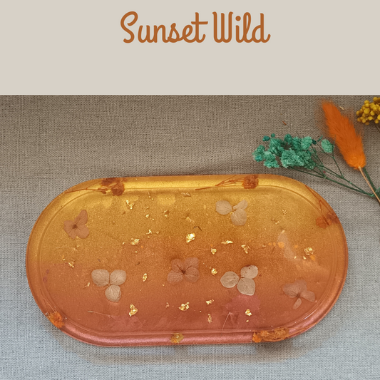 Vide-poche résine fleurs séchées – Sunset Wild – Plateau déco orange & or
