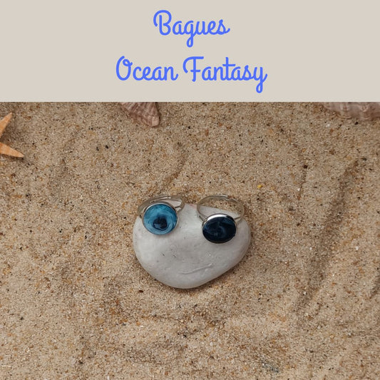 Bague réglable résine Ocean Fantasy – Bleu nacré et reflets océaniques