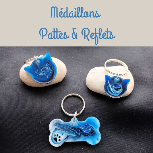 Médaillon personnalisable pour animaux – porte-clés en résine bleue marbrée – Collection Pattes & Reflets