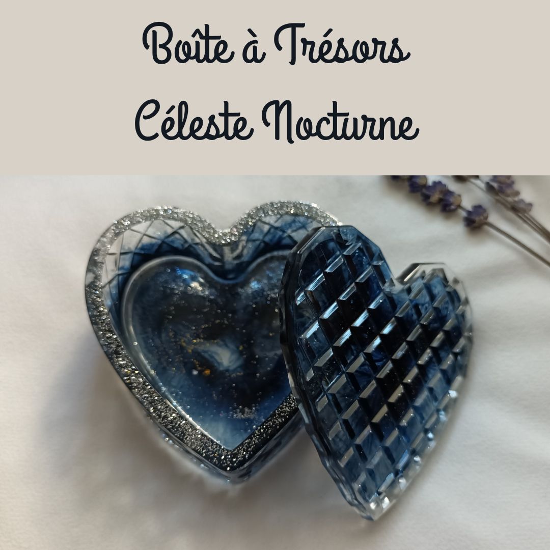 Céleste Nocturne – Boîte à trésor cœur en résine bleue irisée et paillettes (argent & or)