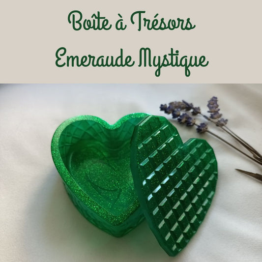 Boîte à trésor cœur – Résine pailletée vert émeraude -Collection Émeraude Mystique