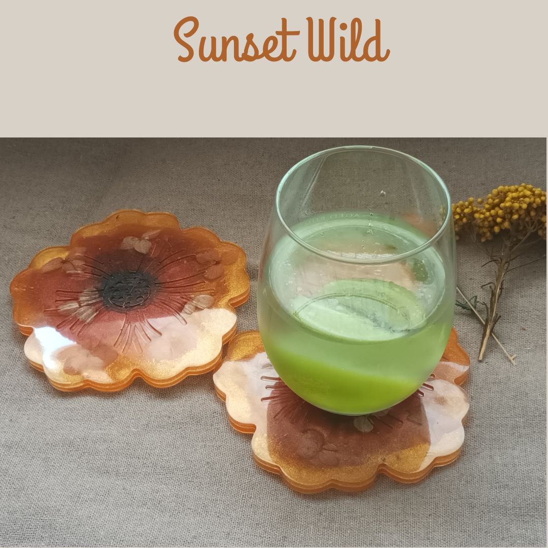 Lot de 2 Dessous de verre résine fleurs séchées – Ciel embrasé Sunset Wild – Déco naturelle été