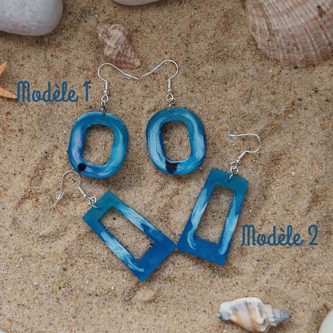 Boucles d’oreilles Ocean Fantasy – Résine bleu et blanc nacré