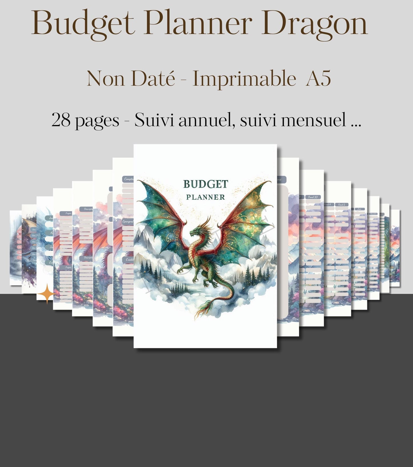 Budget Planner Dragon – PDF Imprimable A5 – 28 Pages, Suivi Annuel & Mensuel, Non Daté