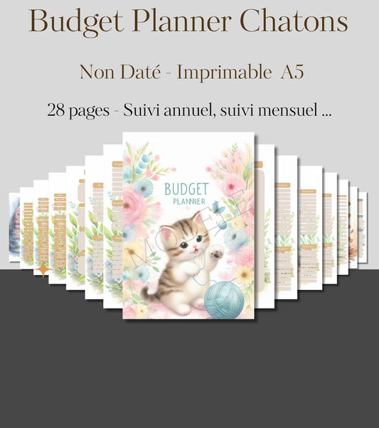Budget Planner Chatons – PDF Imprimable A5 – 28 Pages, Suivi Annuel & Mensuel, Non Daté