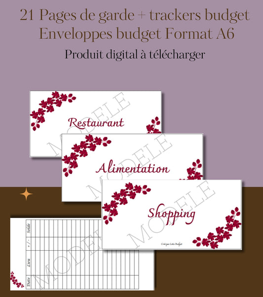 21 pages de gardes enveloppes budget zip classeur A6 + tracker budget Fleur Rouge