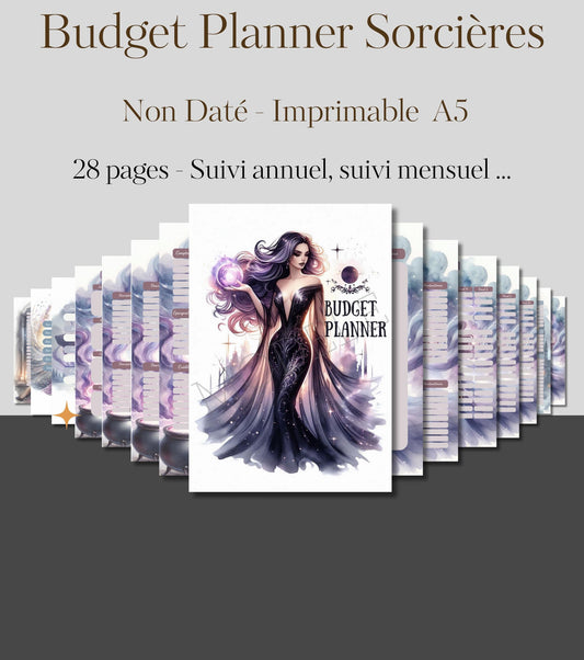 Budget Planner Sorcières – PDF Imprimable A5 – 30 Pages, Suivi Annuel & Mensuel, Non Daté