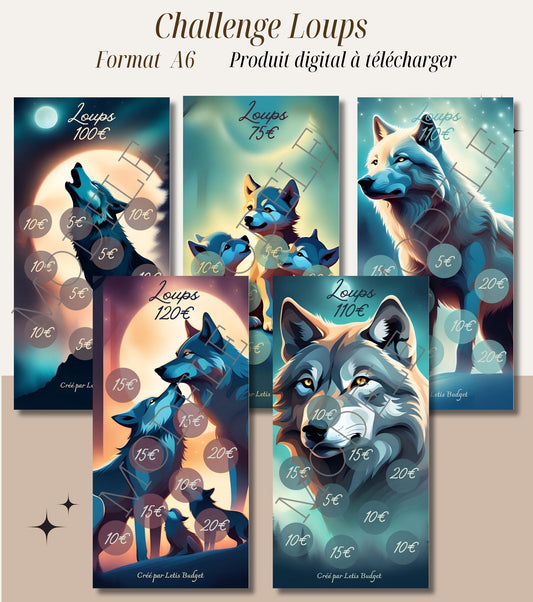 Lot de 5 Fiches de Défi Budget - Thème des Loups- Format A6 à imprimer