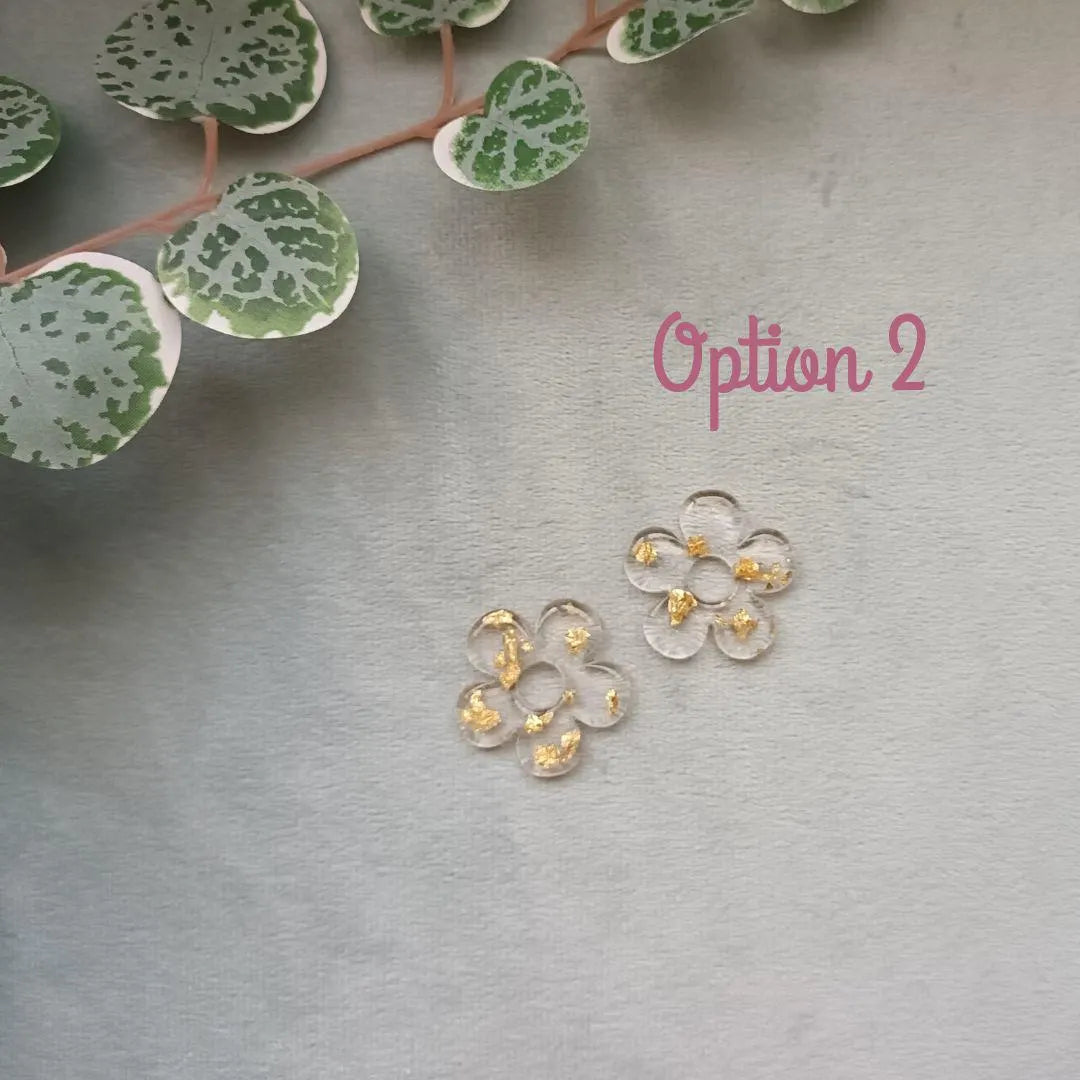 Lot de 2 Pampilles fleur en résine – Collection Rosita – 2 variantes : rose transparent, feuilles dorées,